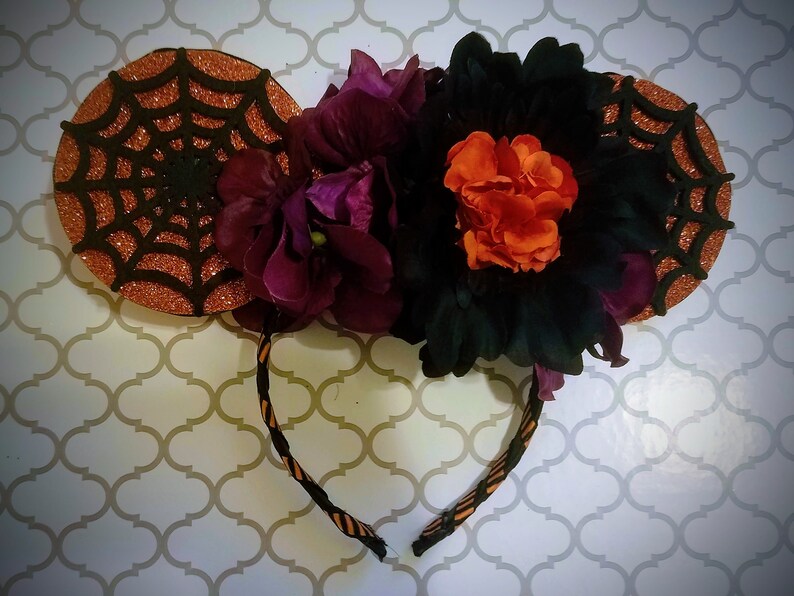 Ready to Ship Halloween Spiderweb Floral Mouse Ears with Lights