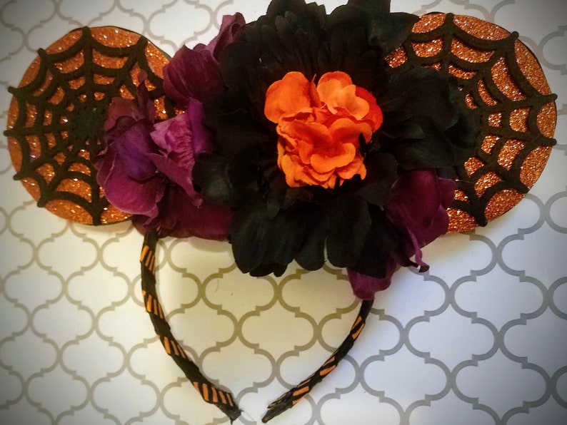 Ready to Ship Halloween Spiderweb Floral Mouse Ears with Lights