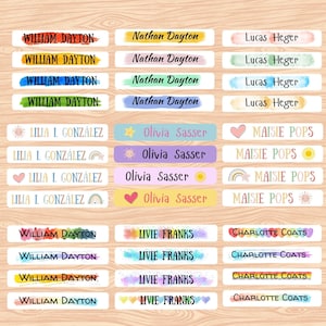 72 etiquetas delgadas para útiles escolares - Aptas para lavavajillas - Etiquetas impermeables - Etiquetas con nombre personalizadas - Etiquetas para útiles escolares - acuarela