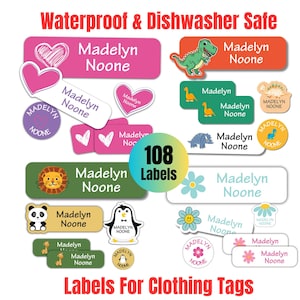 108 étiquettes imperméables pour garderie - Autocollants lavables au lave-vaisselle - Autocollants nominatifs - Fourniture scolaire - Etiquettes nominatives pour vêtements - Étiquettes pour vêtements