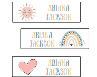 40 Personalized Watercolor Rainbow Hearts Name Labels | Waterproof Decals for School, Daycare and Camp, School Stickers