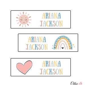 40 Personalized Watercolor Rainbow Hearts Name Labels | Waterproof Decals for School, Daycare and Camp, School Stickers