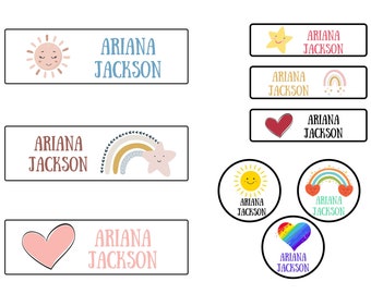 Paquete variado de etiquetas con nombre / Etiquetas con nombre de corazones de arcoíris / Etiquetas delgadas, útiles escolares / Calcomanías impermeables para escuelas, guarderías y campamentos