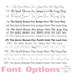 May include: A list of 15 different font styles for the phrase "The Quick Brown Fox Jumps Over The Lazy Dog". The fonts are numbered 1 through 15. The text "Font Options" is written in pink at the bottom of the image.