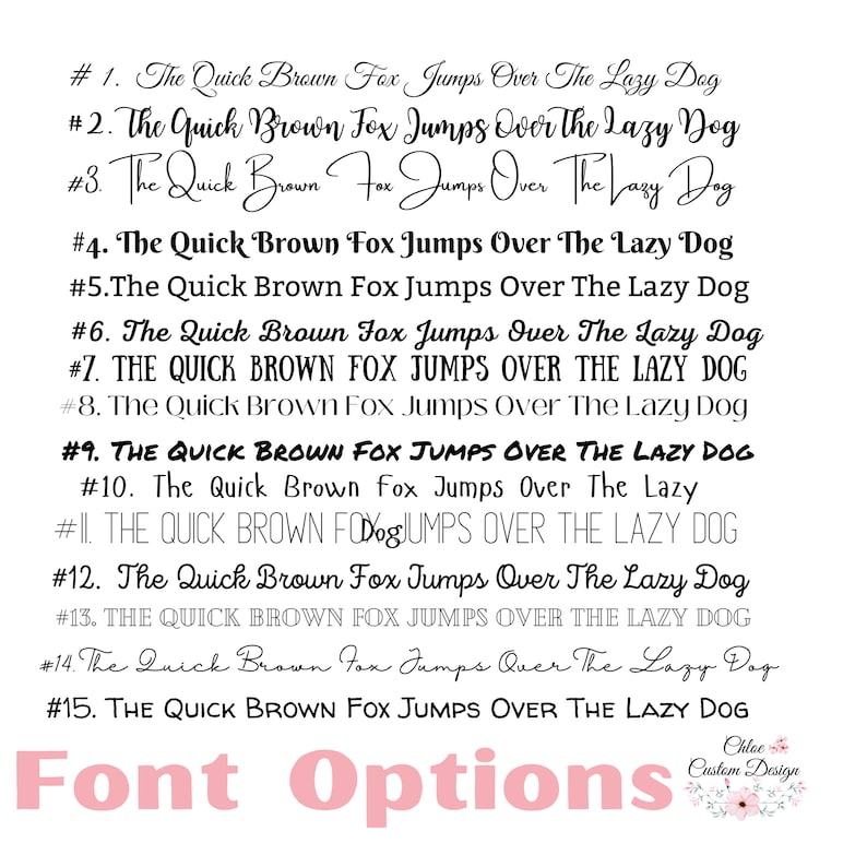 May include: A list of 15 different font styles for the phrase "The Quick Brown Fox Jumps Over The Lazy Dog". The fonts are numbered 1 through 15. The text "Font Options" is written in pink at the bottom of the image.