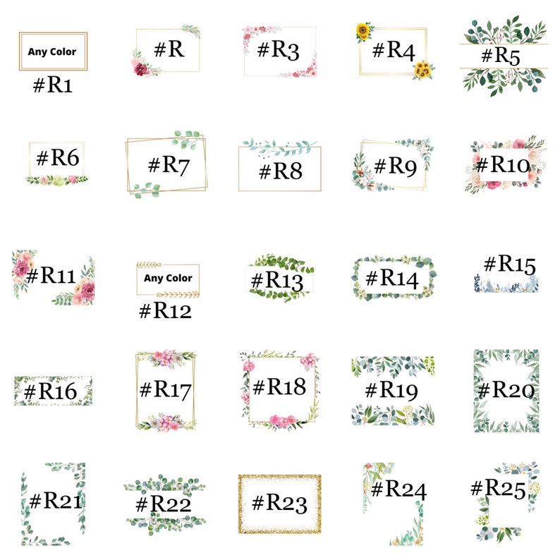 May include: A set of 25 floral and greenery themed frames with gold borders. Each frame is numbered with a hashtag and the letter R. The frames are arranged in a grid pattern.