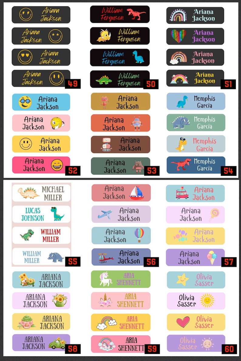 May include: A set of 60 colorful personalized name labels with various illustrations, including dinosaurs, rainbows, unicorns, airplanes, and more. The labels are designed for kids and feature names like Ariana Jackson, William Ferguson, Memphis Garcia, and Olivia Sasser.