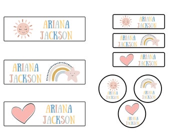 Personalized Watercolor Rainbow Hearts Name Labels, Back to School Supplies, Waterproof Decals for School, Daycare and Camp, School Stickers