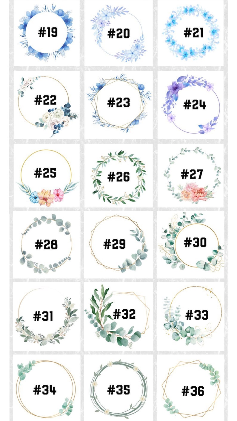 May include: A set of 18 watercolour wreath frames with different floral and foliage designs. The frames are numbered 19 through 36.