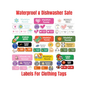 108 etiquetas impermeables para guarderías - Pegatinas aptas para lavavajillas - Pegatinas con nombres - Útiles escolares - Etiquetas con nombres para etiquetas de ropa - Etiquetas para ropa