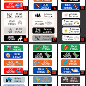 May include: Set of 24 colorful iron-on name labels with various designs. The labels feature names like Lucas Johnson and Ariana Jackson, along with images of dinosaurs, monsters, sports equipment, and camping gear.
