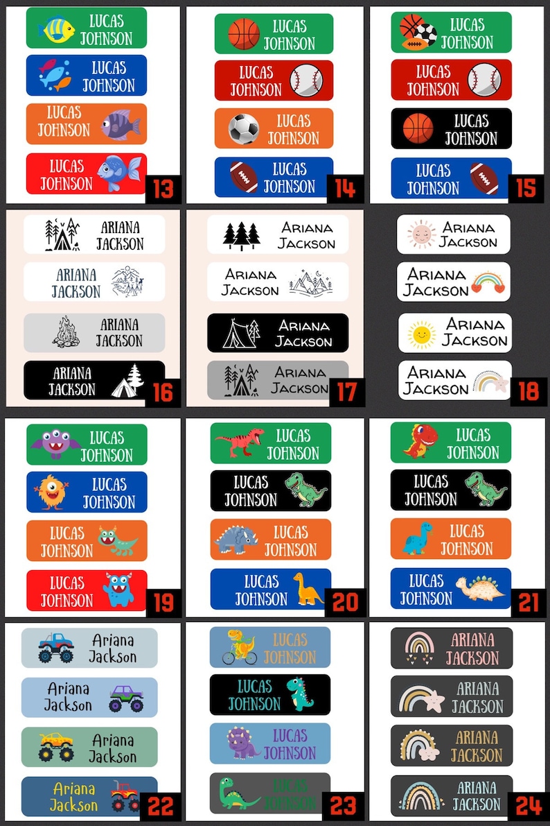May include: Set of 24 colorful iron-on name labels with various designs. The labels feature names like Lucas Johnson and Ariana Jackson, along with images of dinosaurs, monsters, sports equipment, and camping gear.
