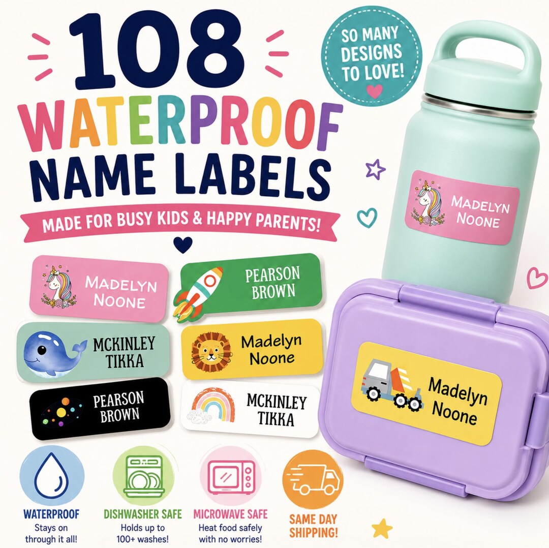 108 Waterproof Daycare Labels - Dishwasher Safe Stickers - Name ...