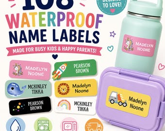 108 Waterproof Daycare Labels - Dishwasher Safe Stickers - Name Stickers - School Supply - Name Labels-Customized Labels- Daycare Labels