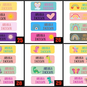 May include: Thirty colorful rectangular name labels with various cartoon images, including unicorns, dinosaurs, rainbows, and suns. The labels read "Ariana Jackson" and are numbered 25 through 30.