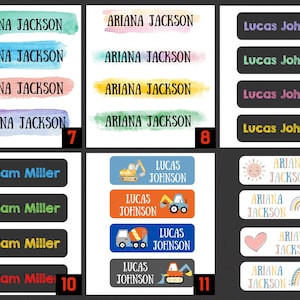May include: A set of 12 personalized name labels featuring various designs. The labels include watercolor backgrounds, construction vehicles, and cute illustrations. The names on the labels are Ariana Jackson, Lucas Johnson, and William Miller.