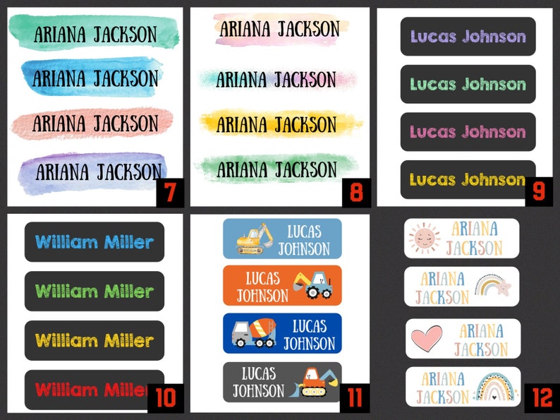 May include: A set of 12 personalized name labels featuring various designs. The labels include watercolor backgrounds, construction vehicles, and cute illustrations. The names on the labels are Ariana Jackson, Lucas Johnson, and William Miller.