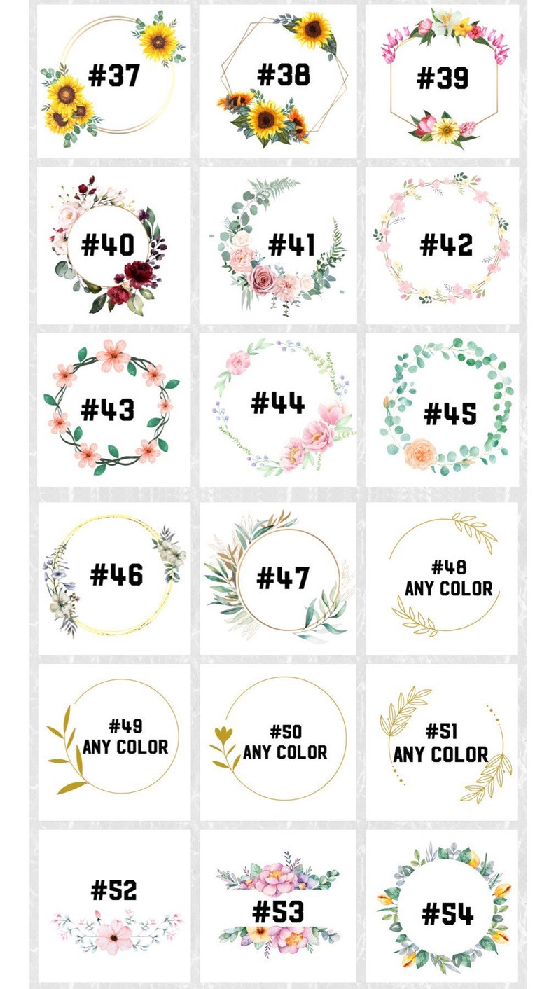 May include: A set of 16 digital wreath clip art images in various styles, including sunflowers, floral arrangements, and greenery. The wreaths are numbered 37 through 54, with some options available in any colour.