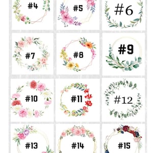 May include: A set of 18 floral wreaths with different colours and styles. Each wreath is numbered from 1 to 18.