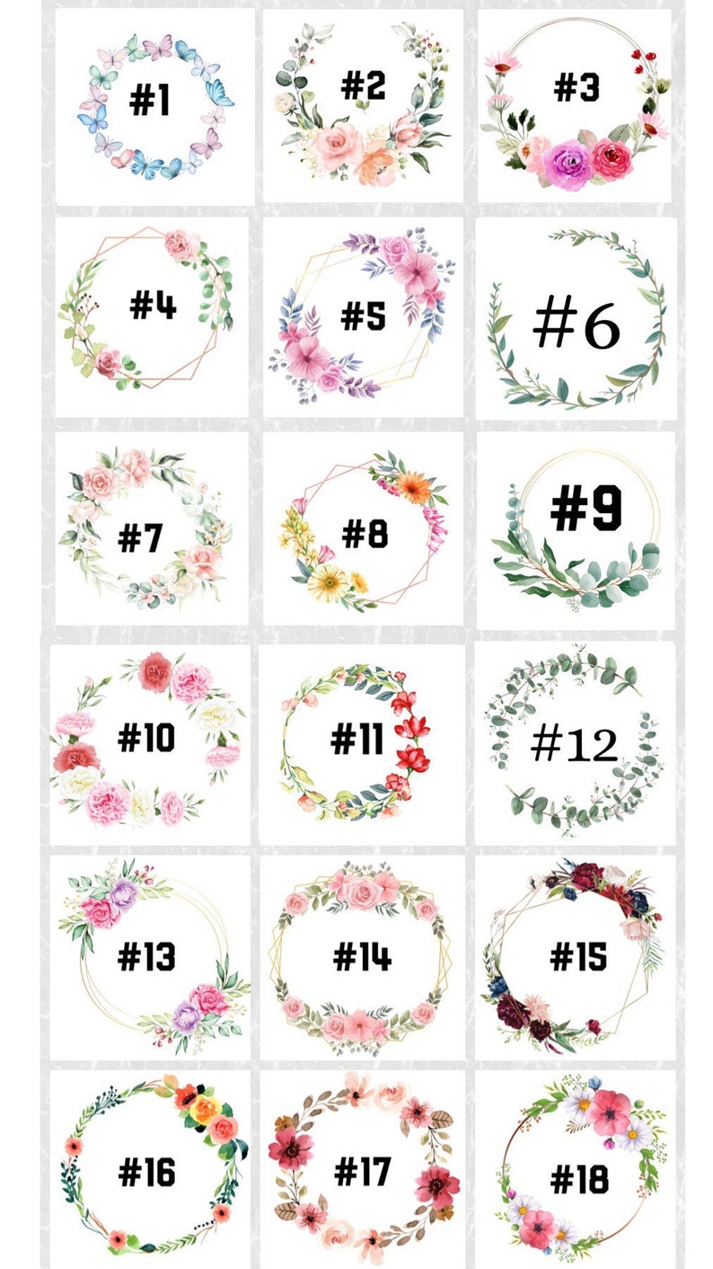 May include: A set of 18 floral wreaths with different colours and styles. Each wreath is numbered from 1 to 18.