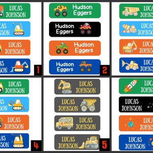 May include: A set of 6 colorful iron-on name labels featuring various construction vehicles and space-themed illustrations. The labels are designed for kids and include the names "Lucas Johnson" and "Hudson Eggers".