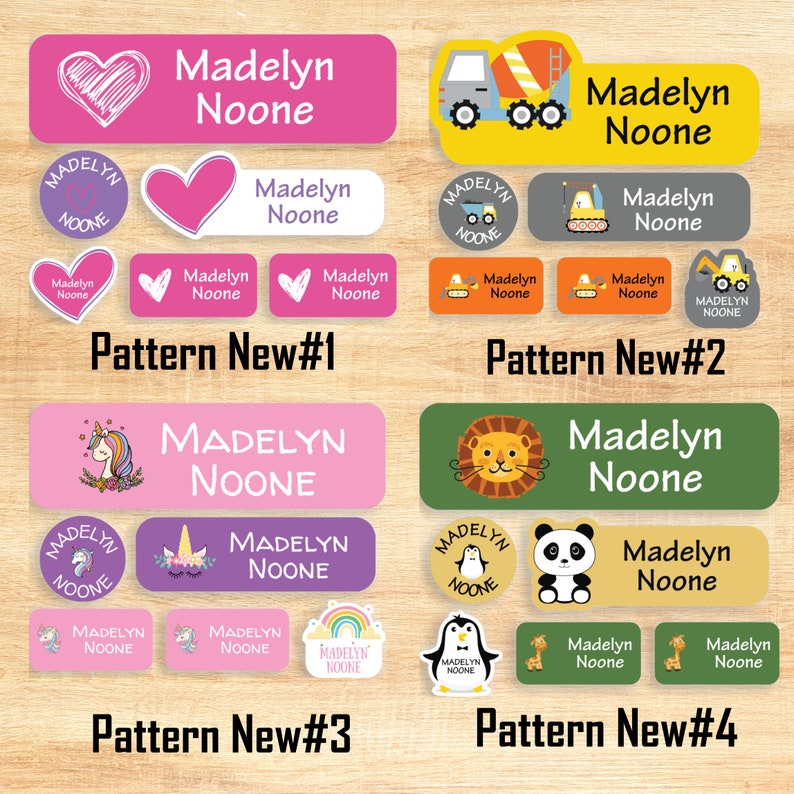 Pu&ograve; includere: Quattro modelli diversi di etichette con nome personalizzate per bambini. Le etichette presentano una variet&agrave; di disegni, tra cui cuori, veicoli da costruzione, unicorni, leoni, panda e pinguini. Le etichette sono tutte personalizzate con il nome "Madelyn Noone".