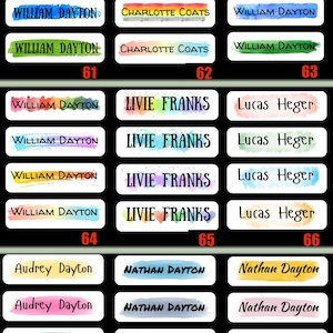May include: A set of 12 colorful watercolor name labels with various names, including William Dayton, Charlotte Coats, Livie Franks, Lucas Heger, Audrey Dayton, and Nathan Dayton. The labels are rectangular and have a white background with colorful watercolor designs.