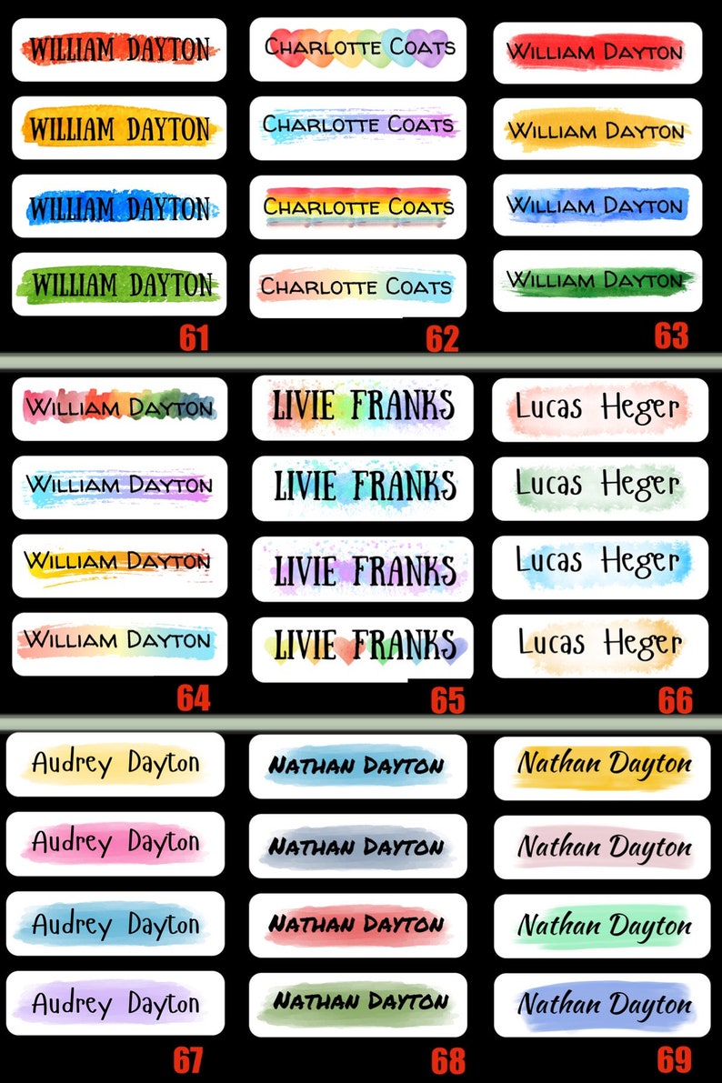 May include: A set of 12 colorful watercolor name labels with various names, including William Dayton, Charlotte Coats, Livie Franks, Lucas Heger, Audrey Dayton, and Nathan Dayton. The labels are rectangular and have a white background with colorful watercolor designs.