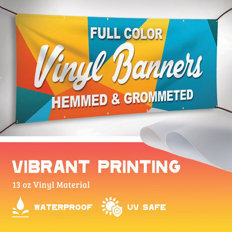 Pode incluir: Banner de vinil em cores vibrantes com o texto "Vinyl Banners" em uma fonte colorida e estilizada. O banner &eacute; bainhado e possui ilh&oacute;s. O banner &eacute; feito de material de vinil de 13 oz e &eacute; &agrave; prova d'&aacute;gua e resistente aos raios UV.
