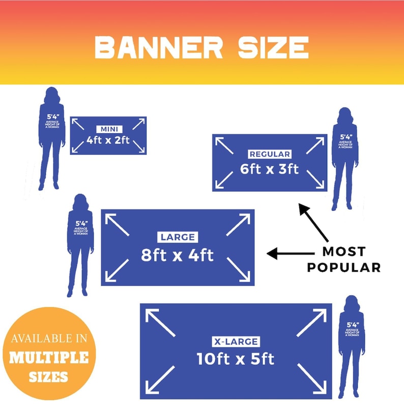 Pode incluir: Um gr&aacute;fico mostrando diferentes tamanhos de faixas com uma mulher em p&eacute; ao lado de cada faixa. Os tamanhos das faixas s&atilde;o: Mini 4 p&eacute;s x 2 p&eacute;s, Regular 6 p&eacute;s x 3 p&eacute;s, Grande 8 p&eacute;s x 4 p&eacute;s e Extra grande 10 p&eacute;s x 5 p&eacute;s. O texto "MAIS POPULAR" est&aacute; ao lado da faixa Grande. O texto "DISPON&Iacute;VEL EM V&Aacute;RIOS TAMANHOS" est&aacute; em um c&iacute;rculo amarelo.