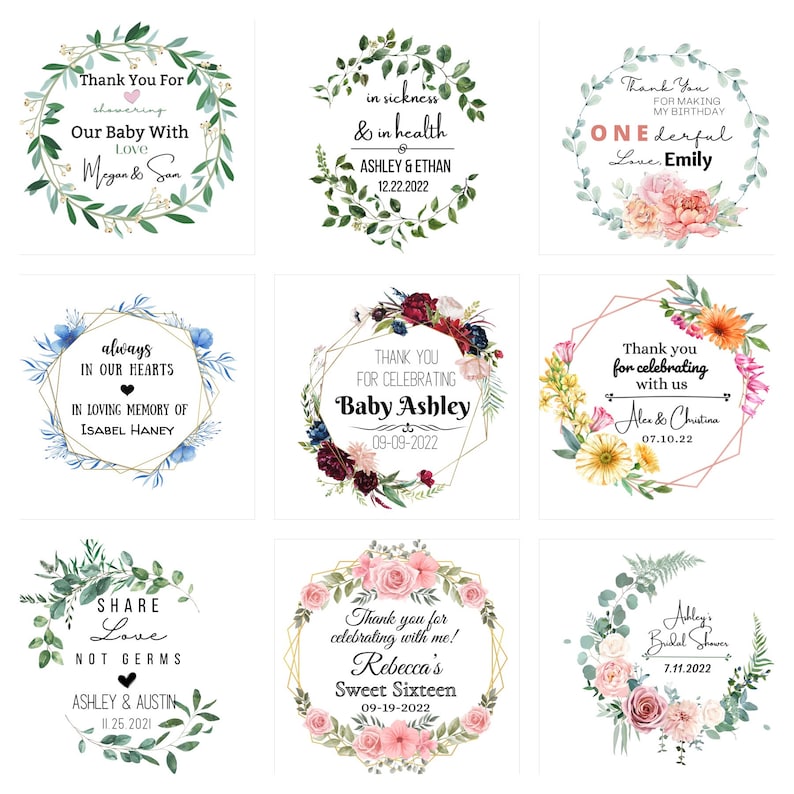 May include: Nine different floral designs with gold geometric frames and text. The text includes names, dates, and phrases like "Thank You for celebrating" and "Share Love Not Germs".