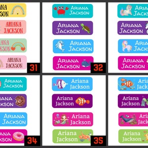May include: A set of 10 colorful personalized name labels with various designs. The labels feature a rainbow, a donut, a mermaid, a crab, a unicorn, a whale, a fish, and a starfish. The labels are all rectangular and have the name "Ariana Jackson" printed on them.
