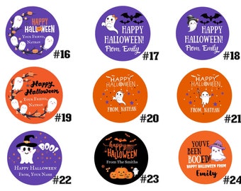 Pegatinas de Halloween, dulces, calabazas, dulces, etiquetas de Feliz Halloween, bolsas de dulces, murciélagos, baúles y dulces.