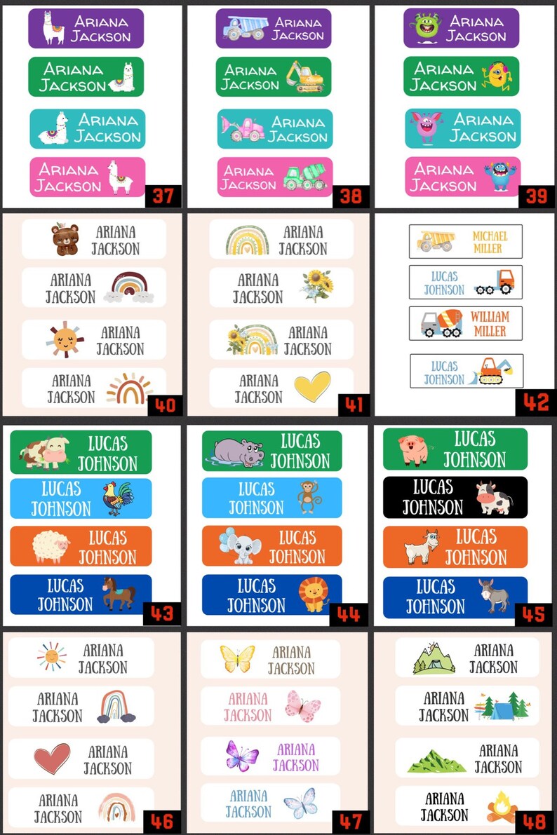 May include: A set of 12 colorful name labels with various designs. The labels feature different names, including Ariana Jackson, Lucas Johnson, and William Miller. The designs include animals, rainbows, hearts, and other cute illustrations.