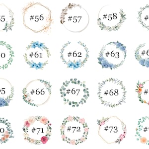 May include: Twenty-four different floral wreath designs with gold and white frames. The wreaths feature various flowers and greenery, including roses, hydrangeas, eucalyptus, and wildflowers.