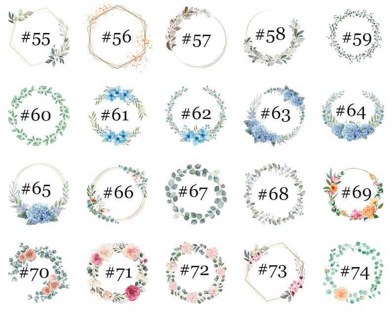 May include: Twenty-four different floral wreath designs with gold and white frames. The wreaths feature various flowers and greenery, including roses, hydrangeas, eucalyptus, and wildflowers.