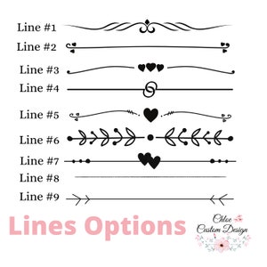 May include: Nine different line options for use in digital design. The lines include a variety of styles, such as swirls, hearts, and leaves. The text "Lines Options" is displayed in pink at the bottom of the image.