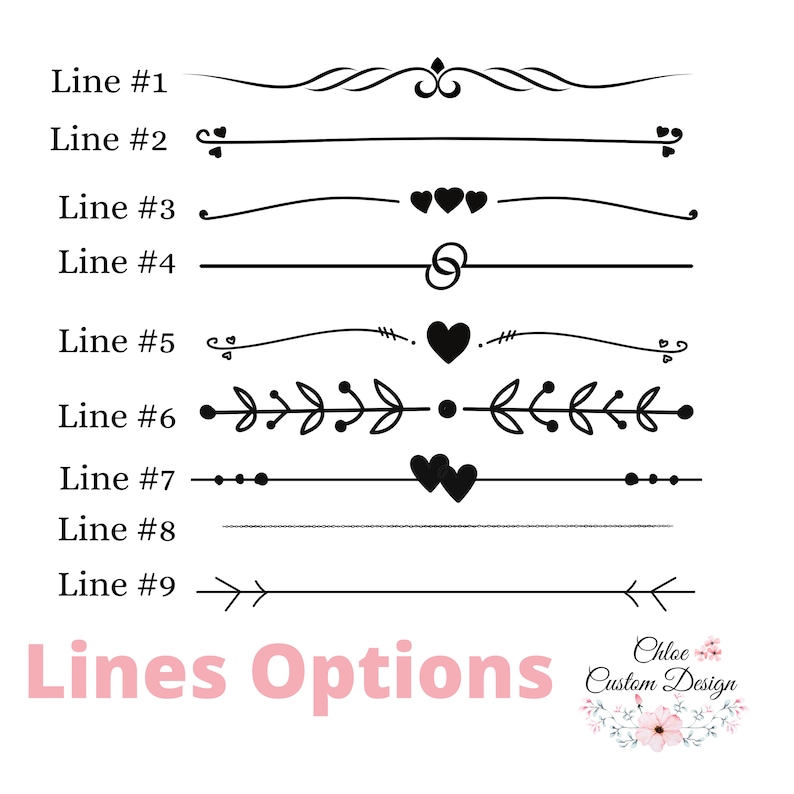May include: Nine different line options for use in digital design. The lines include a variety of styles, such as swirls, hearts, and leaves. The text "Lines Options" is displayed in pink at the bottom of the image.