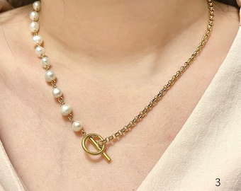18K Gold Plated Freshwater Pearl & Chain Simple Necklace | Stainless Steel , Faux Pearl
