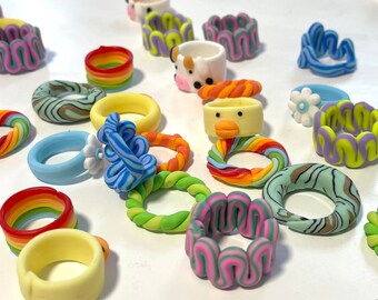 Colorful Chunky Clay Rings | Colorful Fun Funky Dipped Open Acrylic Resin Irregular Chunky Ring | Handmade Clay Ring