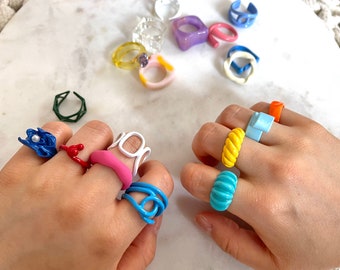 Colorful Chunky Bold Rings | Summer Funky Glazed Dipped Open Thick Trendy Acrylic Resin Irregular Gold Cuff Ring | 75 Styles