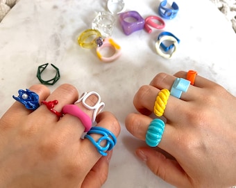 Colorful Chunky Bold Rings | Summer Funky Glazed Dipped Open Thick Trendy Acrylic Resin Irregular Gold Cuff Ring | 75 Styles