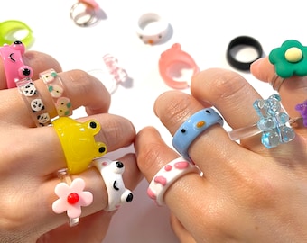 Fruit Animal Style Rings | Colorful Fun Funky Dipped Open Acrylic Resin Irregular Chunky Ring | Glow in the Dark