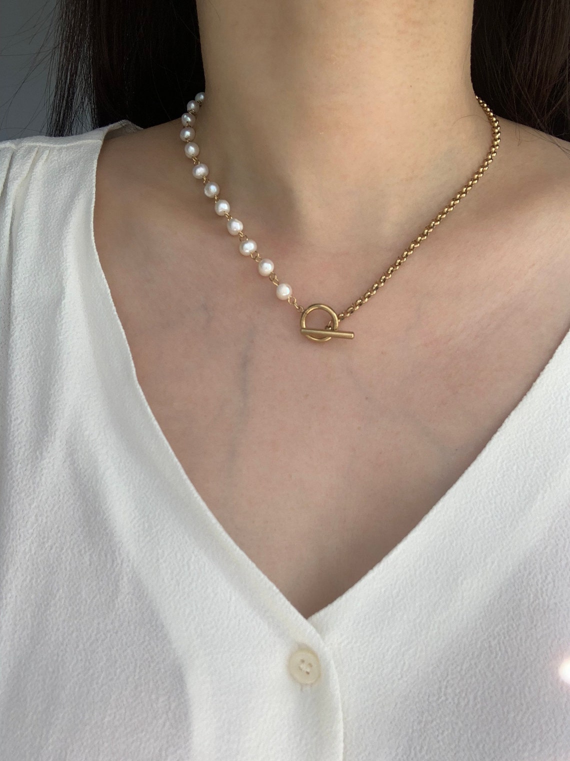 Freshwater Pearl & Chain Simple 18k Gold Plated Necklace and | Etsy