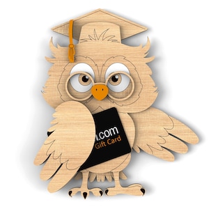 Porte-cartes cadeau hibou sage | Cadeau de remise des diplômes | Hibou diplômé avec casquette | Fichiers de découpe SVG prêts pour le laser