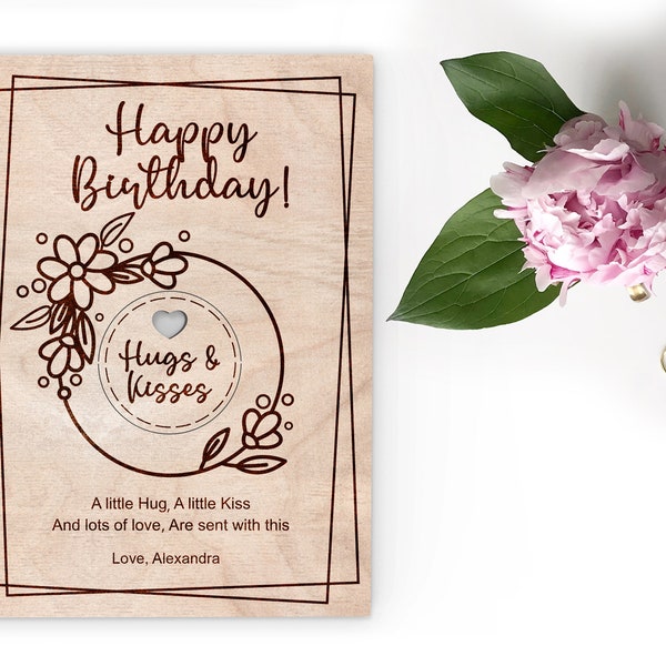 Floral Happy Birthday card with wooden token | Greetings Card For Her| Personalized Birthday Card- Svg Laser-Ready Cut Files