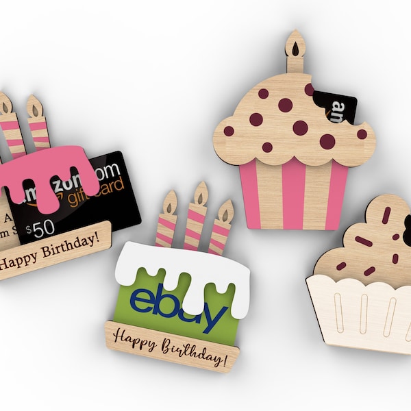 Gâteau d’anniversaire et porte-cartes-cadeaux cupcake | Fichiers découpés svg prêts pour le laser