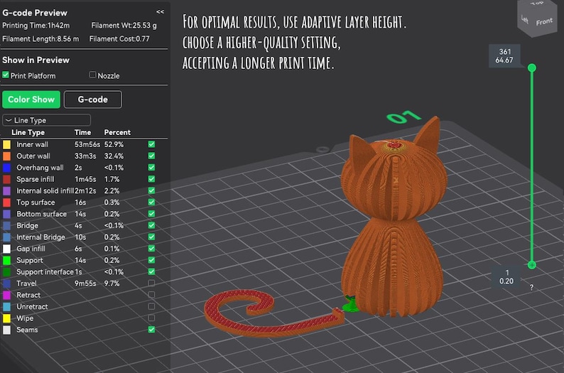 Puede incluir: Una figura de gato naranja impresa en 3D con una cola rizada, mostrada en una cuadr&iacute;cula gris. La imagen muestra una vista previa del c&oacute;digo G, incluyendo el tiempo de impresi&oacute;n, los detalles del filamento y los tipos de l&iacute;nea. El texto aconseja usar altura de capa adaptativa.