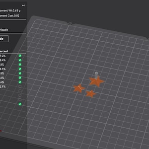 K&ouml;nnte beinhalten: Eine 3D-Druckvorschau-Oberfl&auml;che zeigt orangefarbene Sternformen auf einem grauen Raster. Die Oberfl&auml;che zeigt die Druckzeit, das Filamentgewicht und die Kosten an. Die Farb- und G-Code-Optionen sind hervorgehoben.