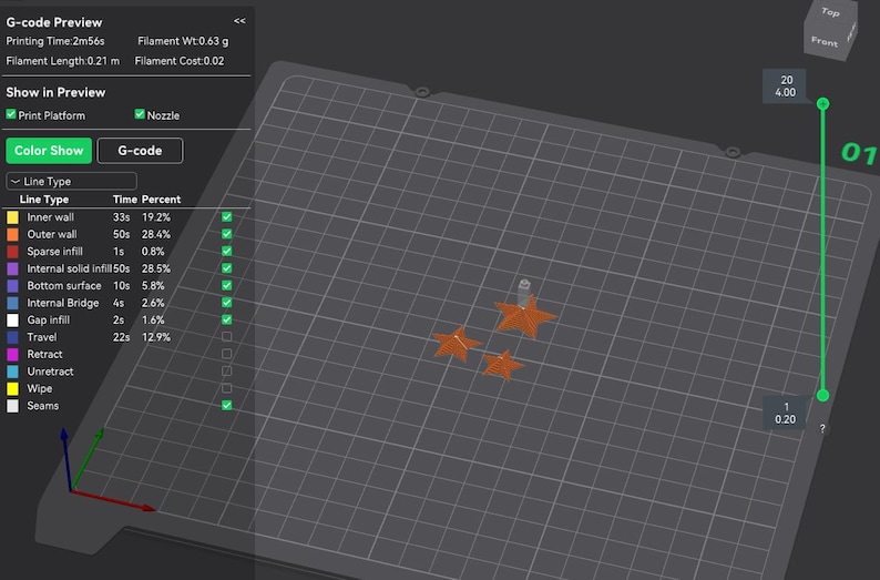K&ouml;nnte beinhalten: Eine 3D-Druckvorschau-Oberfl&auml;che zeigt orangefarbene Sternformen auf einem grauen Raster. Die Oberfl&auml;che zeigt die Druckzeit, das Filamentgewicht und die Kosten an. Die Farb- und G-Code-Optionen sind hervorgehoben.